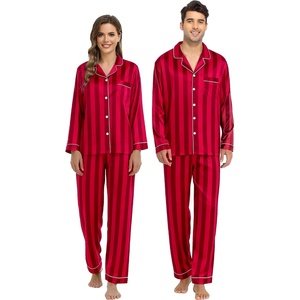 SWOMOG Family Matching Pajamas Set Silk Satin Button Down Sleepwear Long Sleeve Nightwear 2 Pcs Pj Set S-XXL(Red Striped)
