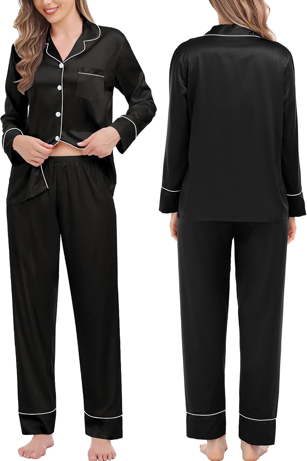 image:imageSWOMOG Family Matching Pajama Set Silk Satin Button Down Sleepwear WomenMenKids Long Sleeve 2 Pcs Pj SetBlack