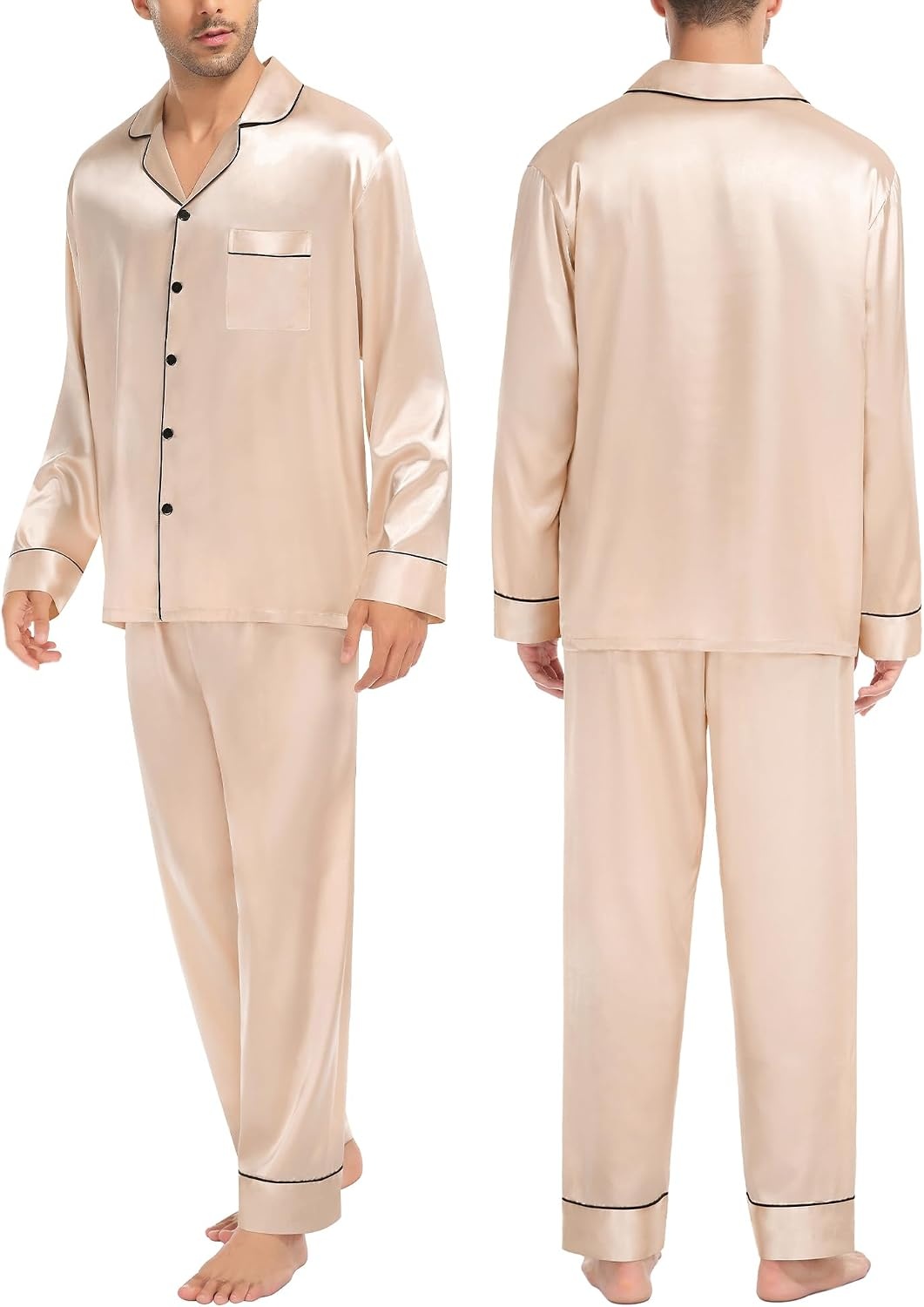image:imageSWOMOG Family Matching Pajama Set Silk Satin Button Down Sleepwear WomenMenKids Long Sleeve 2 Pcs Pj SetChampagne