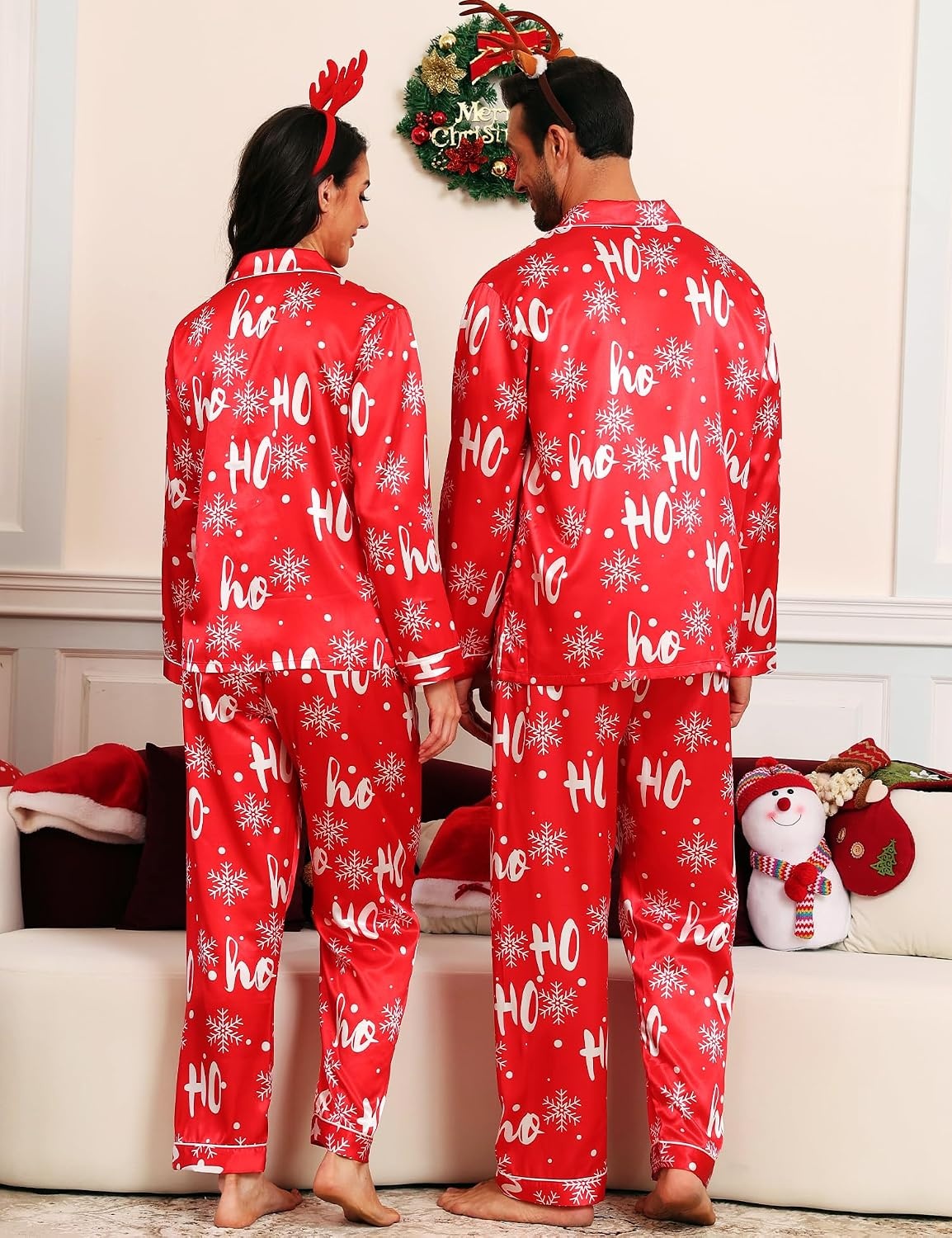 image:imageSWOMOG Family Matching Pajama Set Silk Satin Button Down Sleepwear WomenMenKids Long Sleeve 2 Pcs Pj SetChristmas Red