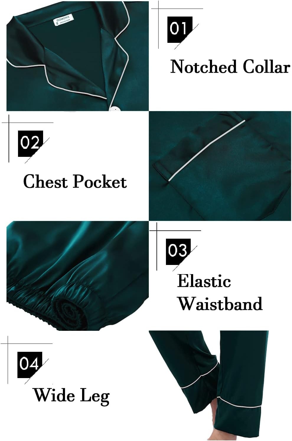 image:imageSWOMOG Family Matching Pajama Set Silk Satin Button Down Sleepwear WomenMenKids Long Sleeve 2 Pcs Pj SetDeep Green