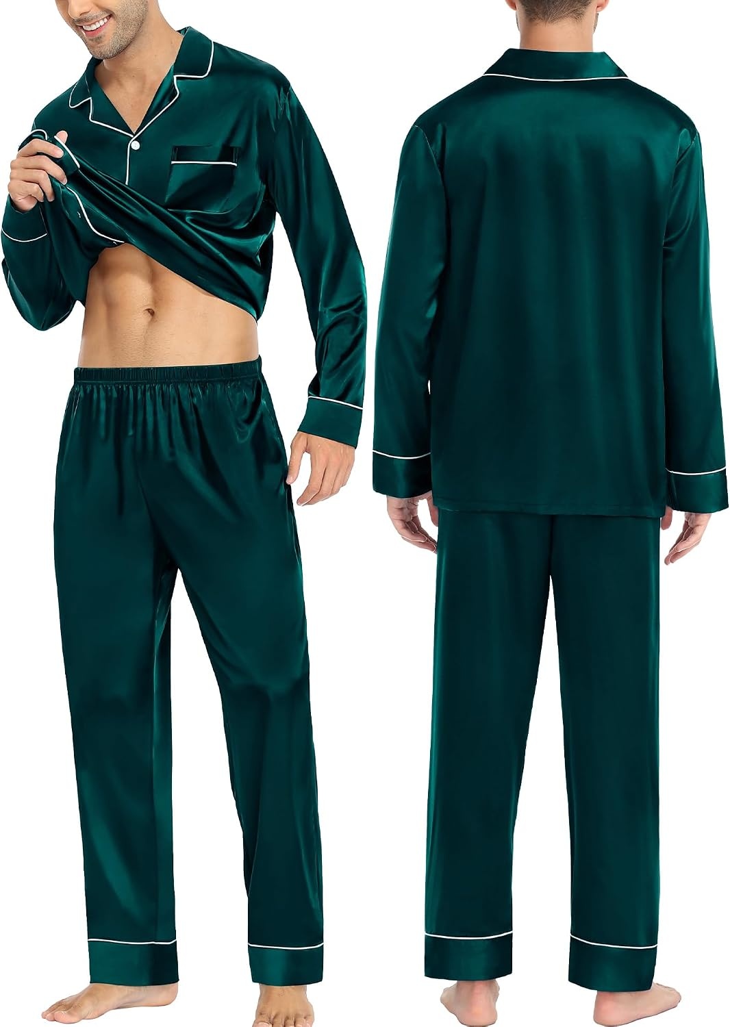 image:imageSWOMOG Family Matching Pajama Set Silk Satin Button Down Sleepwear WomenMenKids Long Sleeve 2 Pcs Pj SetDeep Green
