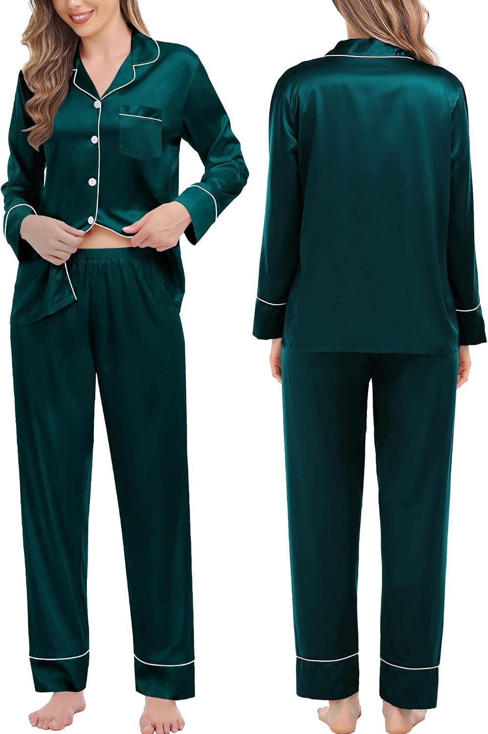 image:imageSWOMOG Family Matching Pajama Set Silk Satin Button Down Sleepwear WomenMenKids Long Sleeve 2 Pcs Pj SetDeep Green
