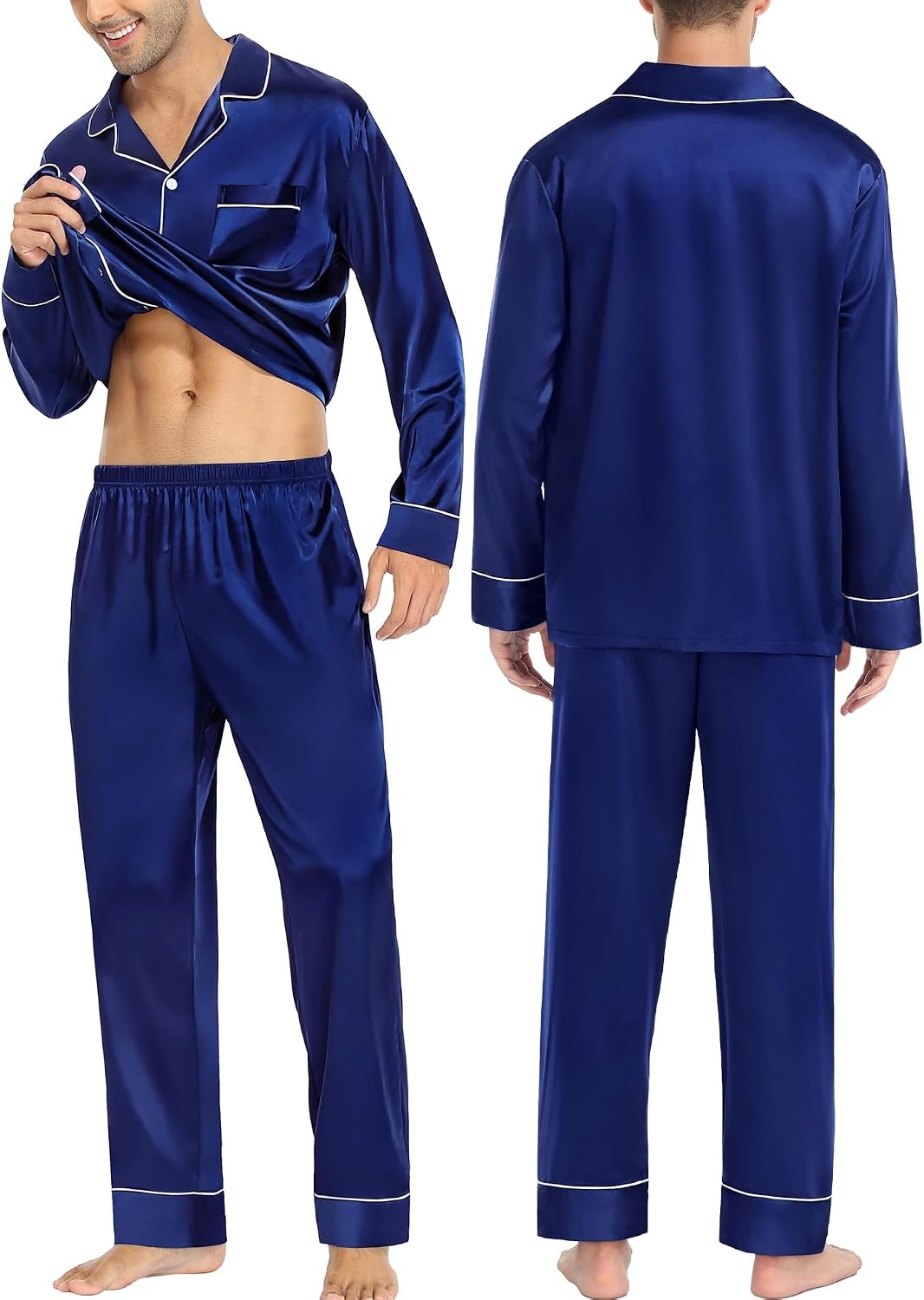 image:imageSWOMOG Family Matching Pajama Set Silk Satin Button Down Sleepwear WomenMenKids Long Sleeve 2 Pcs Pj SetNavy Blue