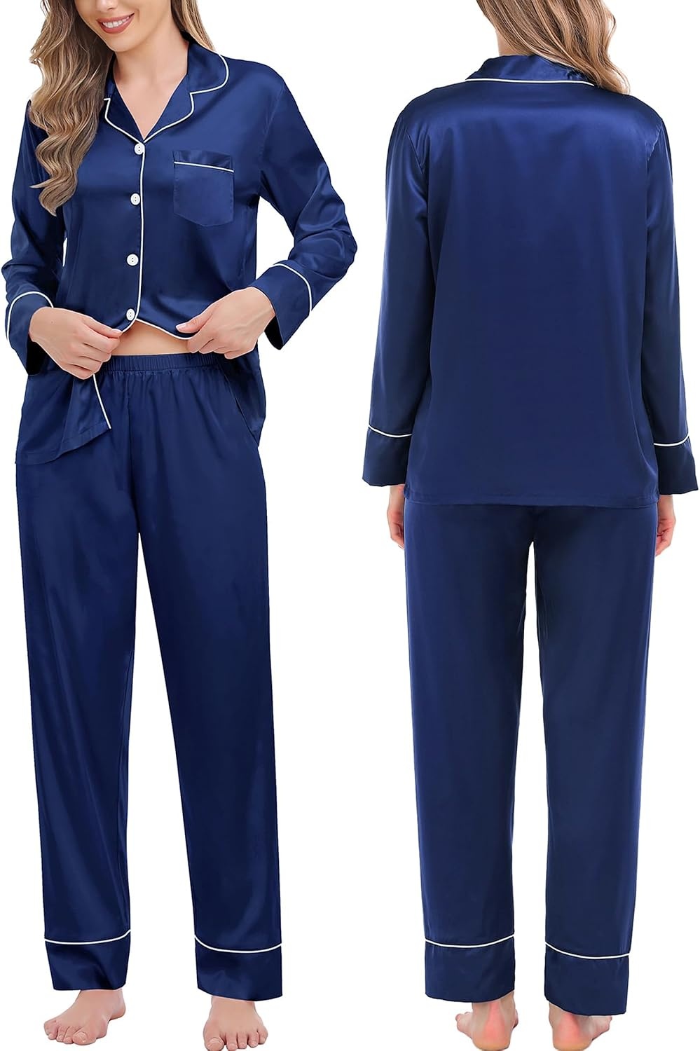 image:imageSWOMOG Family Matching Pajama Set Silk Satin Button Down Sleepwear WomenMenKids Long Sleeve 2 Pcs Pj SetNavy Blue
