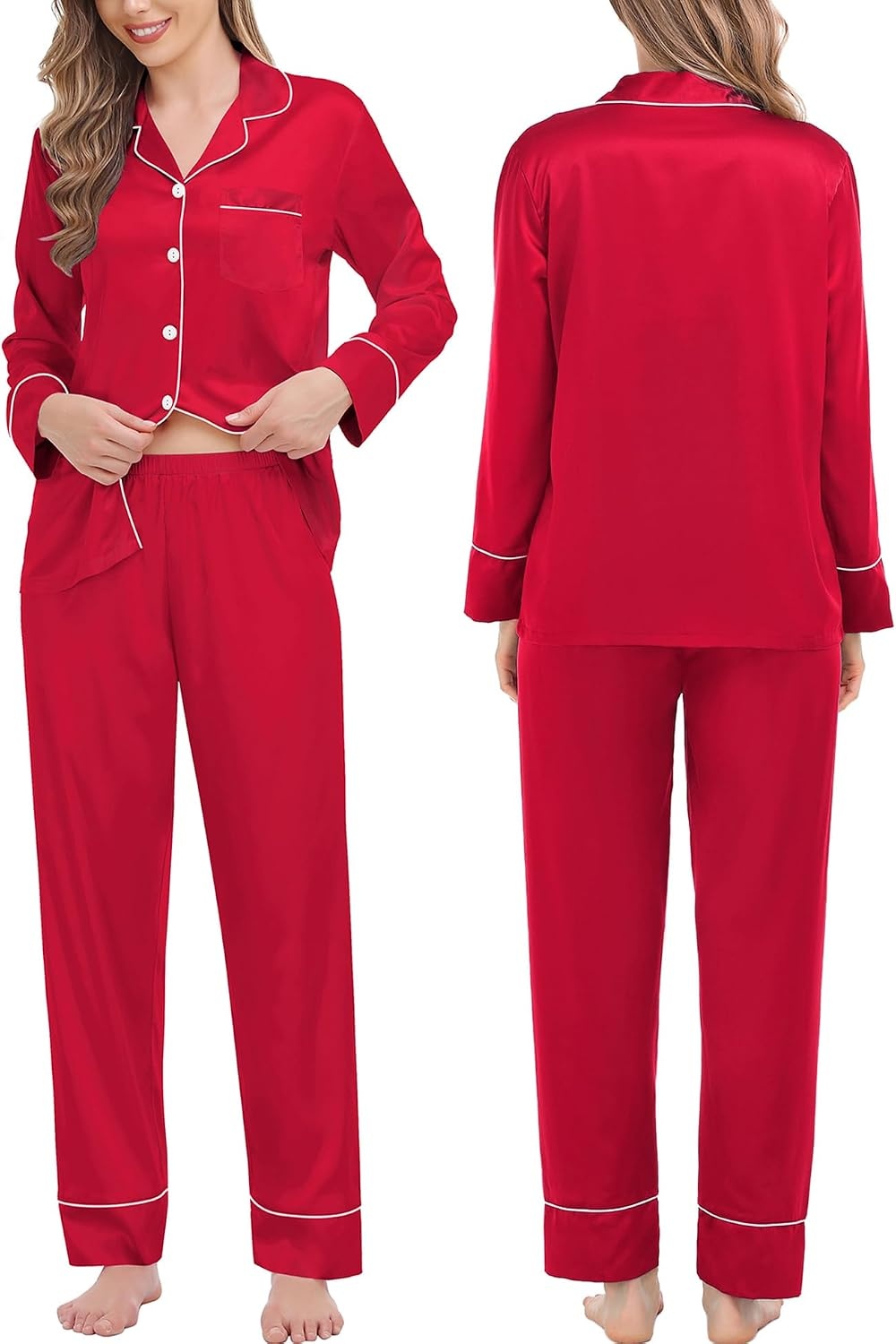 image:imageSWOMOG Family Matching Pajama Set Silk Satin Button Down Sleepwear WomenMenKids Long Sleeve 2 Pcs Pj SetRed