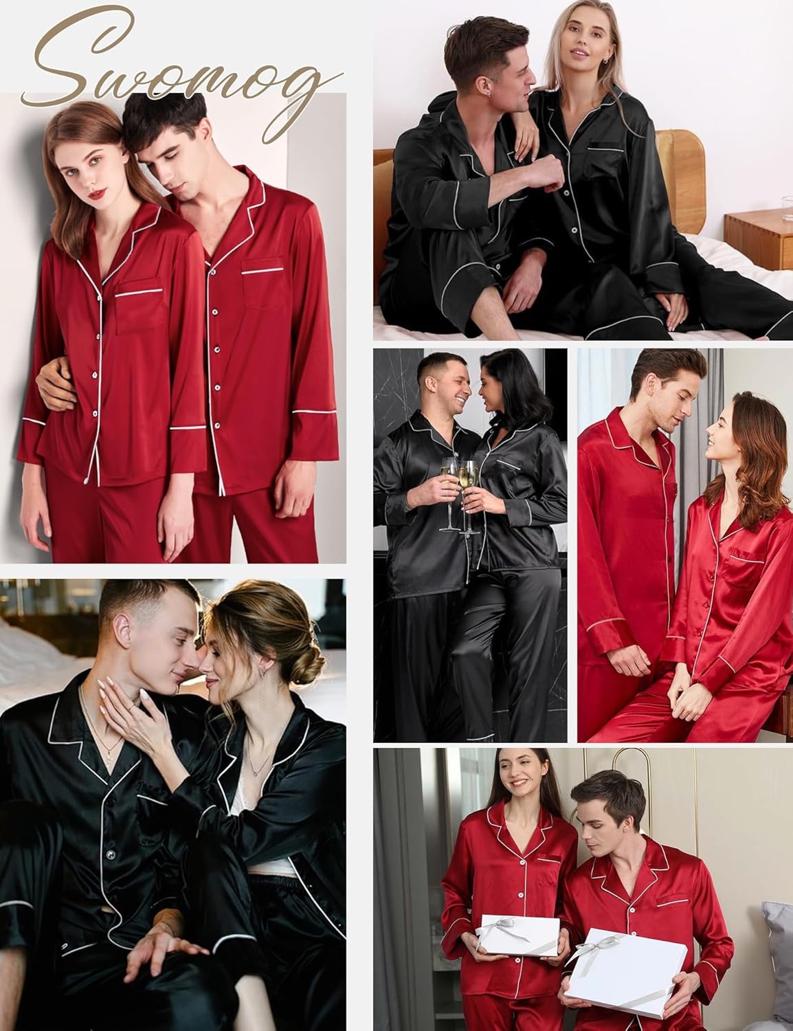 image:imageSWOMOG Family Matching Pajama Set Silk Satin Button Down Sleepwear WomenMenKids Long Sleeve 2 Pcs Pj SetRed