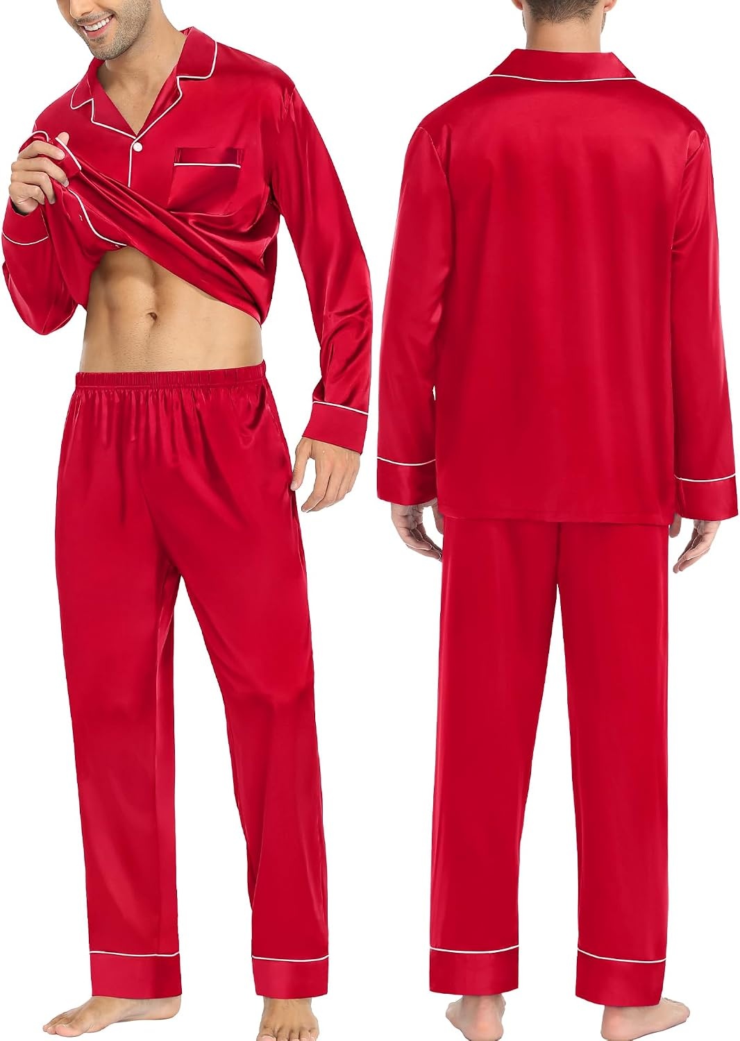 image:imageSWOMOG Family Matching Pajama Set Silk Satin Button Down Sleepwear WomenMenKids Long Sleeve 2 Pcs Pj SetRed