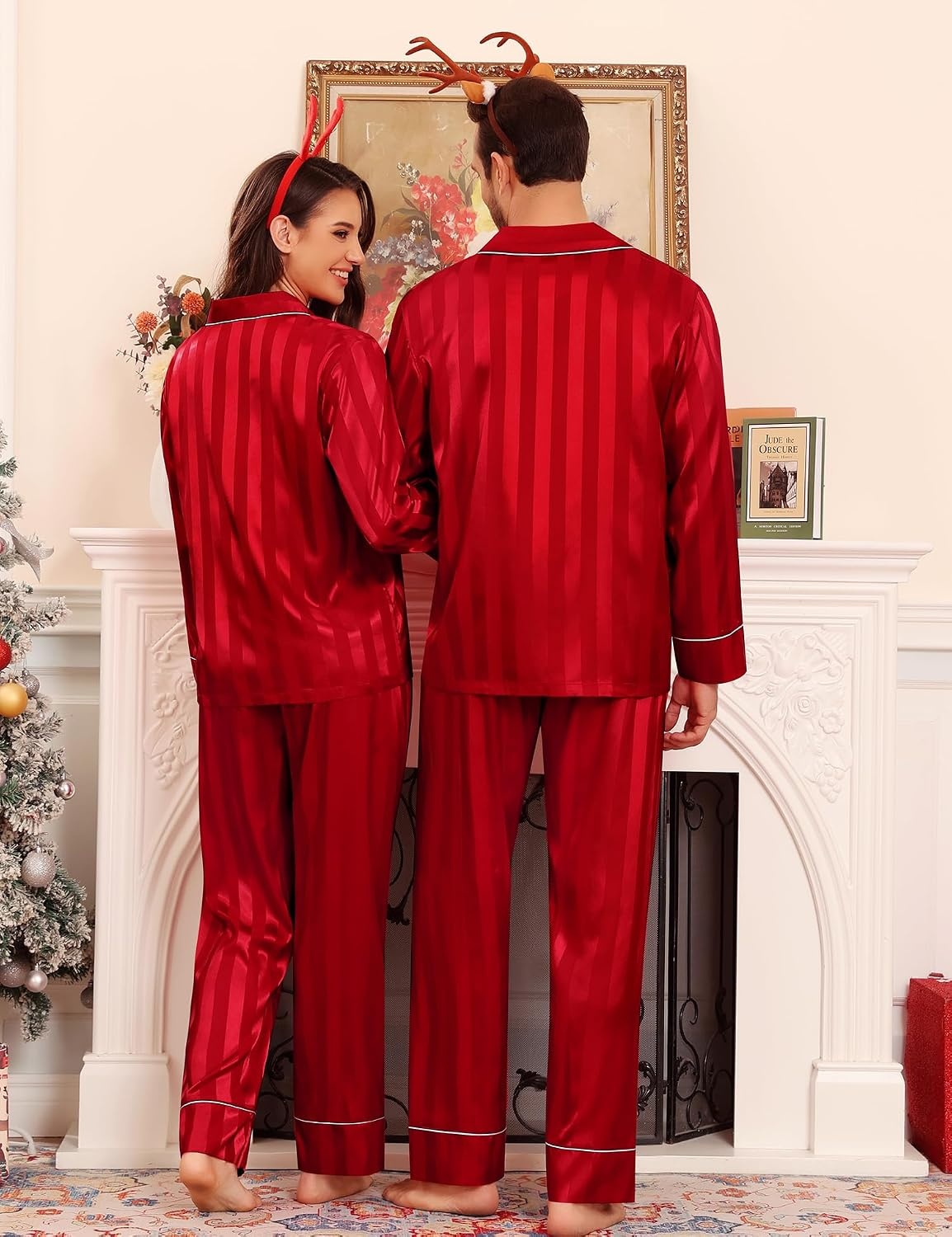image:imageSWOMOG Family Matching Pajama Set Silk Satin Button Down Sleepwear WomenMenKids Long Sleeve 2 Pcs Pj SetRed Stripe