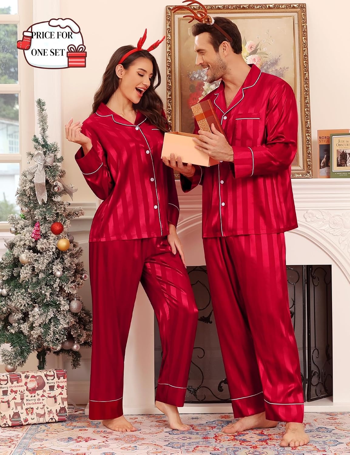 image:imageSWOMOG Family Matching Pajama Set Silk Satin Button Down Sleepwear WomenMenKids Long Sleeve 2 Pcs Pj SetRed Stripe