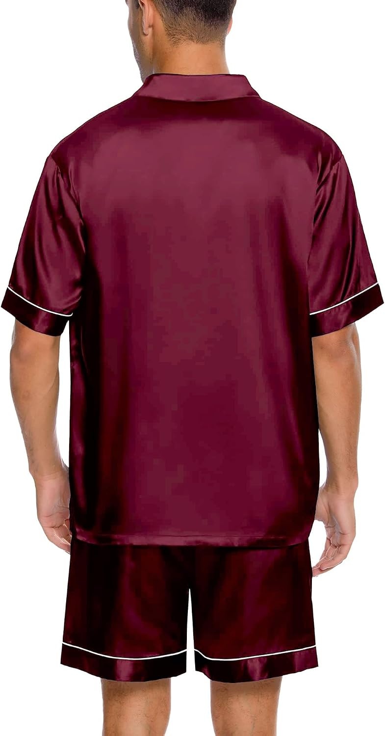 image:imageSWOMOG Men Silk Satin Pajamas Set Button Down Sleepwear Short Sleeve Pjs Set Soft 2 Piece Lounge Set Nightwear with Pockets