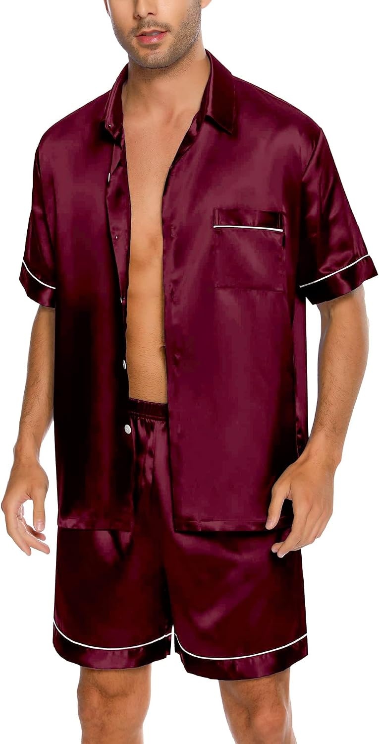 image:imageSWOMOG Men Silk Satin Pajamas Set Button Down Sleepwear Short Sleeve Pjs Set Soft 2 Piece Lounge Set Nightwear with Pockets