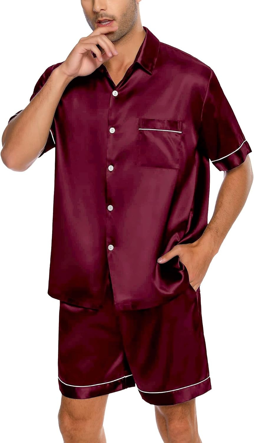 image:imageSWOMOG Men Silk Satin Pajamas Set Button Down Sleepwear Short Sleeve Pjs Set Soft 2 Piece Lounge Set Nightwear with Pockets