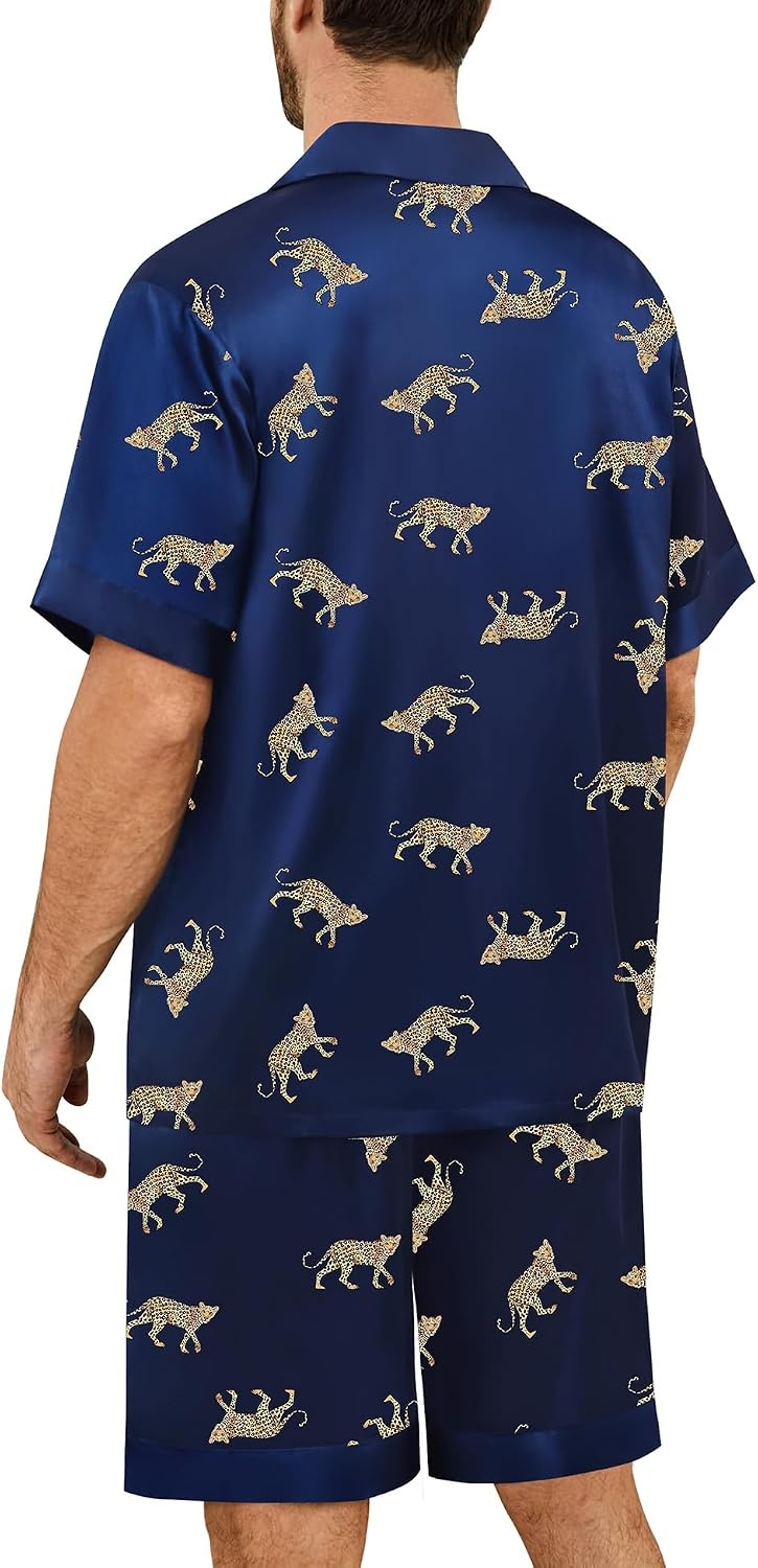 image:imageSWOMOG Mens Satin Pajamas Set Silk Pj Sets Short Sleeve Button Down 2 PCS Sleepwear with Drawstring amp Pockets S3XLNavy Blue Leopard
