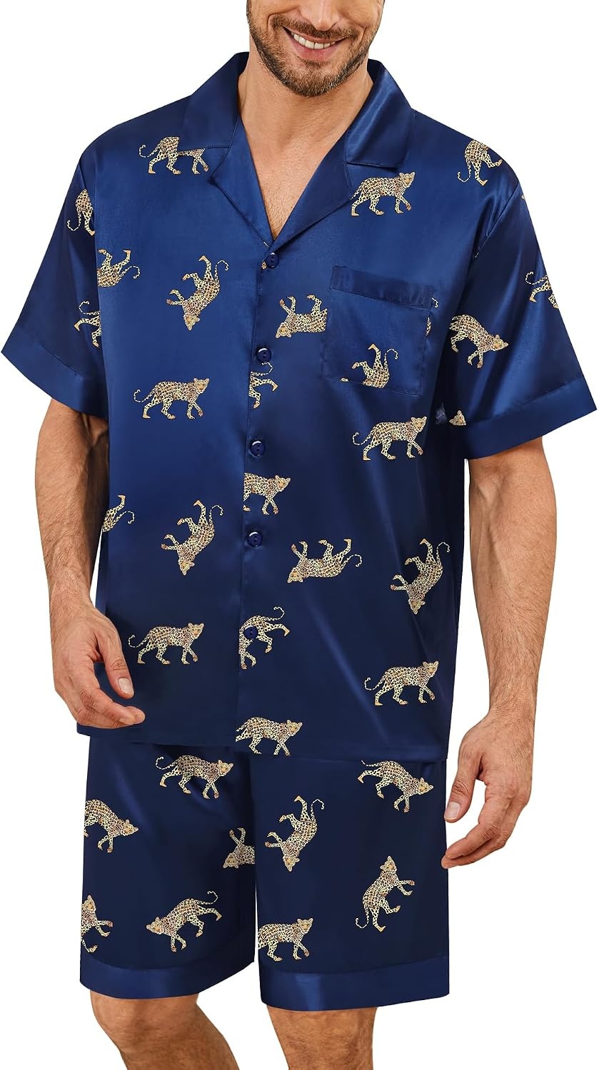 image:imageSWOMOG Mens Satin Pajamas Set Silk Pj Sets Short Sleeve Button Down 2 PCS Sleepwear with Drawstring amp Pockets S3XLNavy Blue Leopard