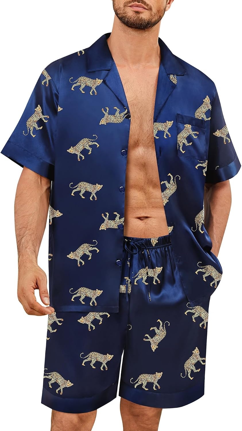 image:imageSWOMOG Mens Satin Pajamas Set Silk Pj Sets Short Sleeve Button Down 2 PCS Sleepwear with Drawstring amp Pockets S3XLNavy Blue Leopard