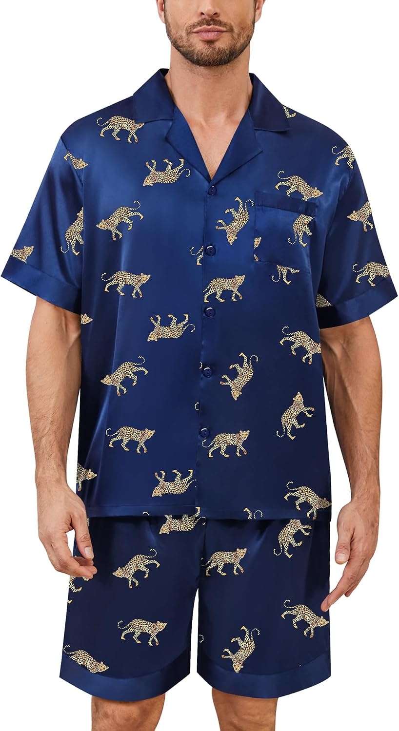 image:imageSWOMOG Mens Satin Pajamas Set Silk Pj Sets Short Sleeve Button Down 2 PCS Sleepwear with Drawstring amp Pockets S3XLNavy Blue Leopard