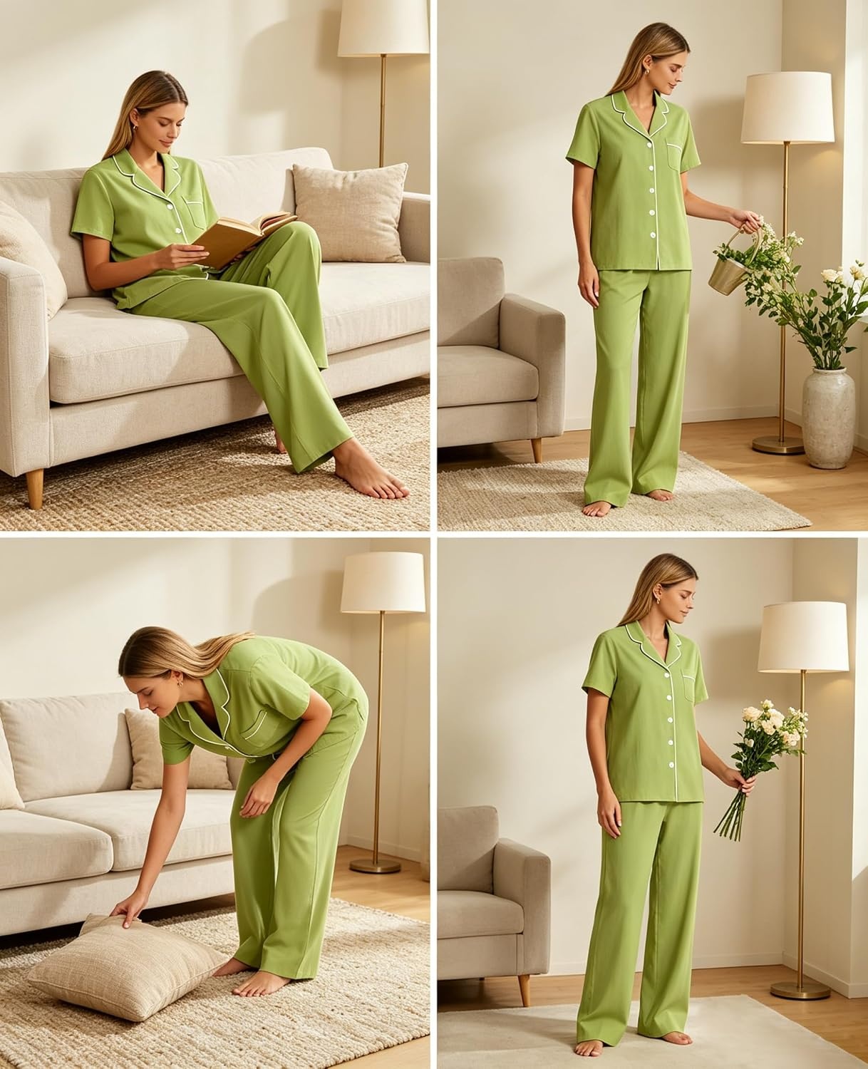 image:imageSWOMOG Women Pajama Sets TwoPiece Nightwear Short Sleeve Sleepwear Button Down Pj Lounge Sets with Long PantsGrass Green