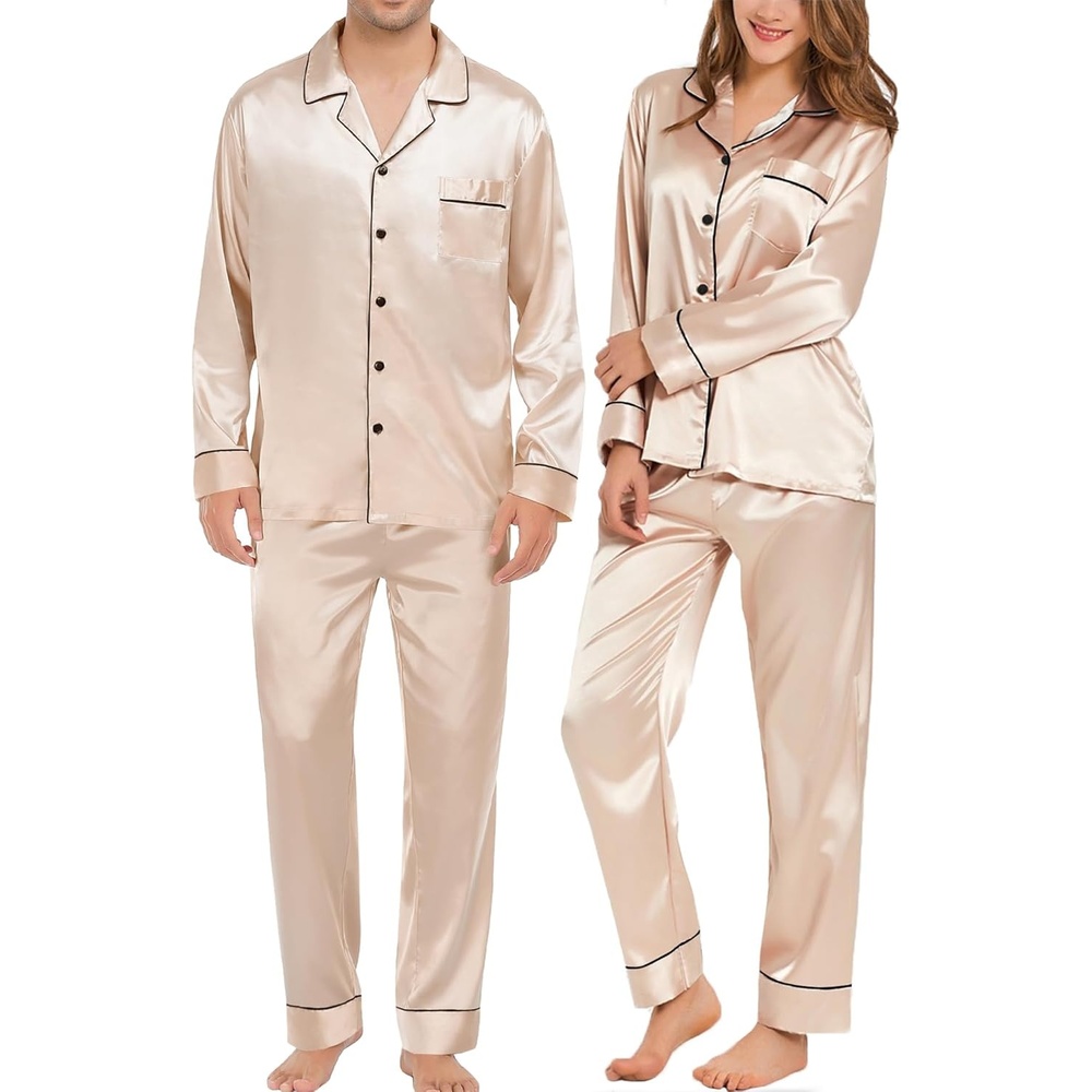image:imageSWOMOG Family Matching Pajama Set Silk Satin Button Down Sleepwear WomenMenKids Long Sleeve 2 Pcs Pj SetChampagne