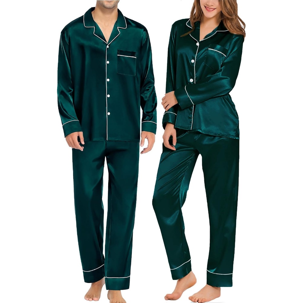image:imageSWOMOG Family Matching Pajama Set Silk Satin Button Down Sleepwear WomenMenKids Long Sleeve 2 Pcs Pj SetDeep Green