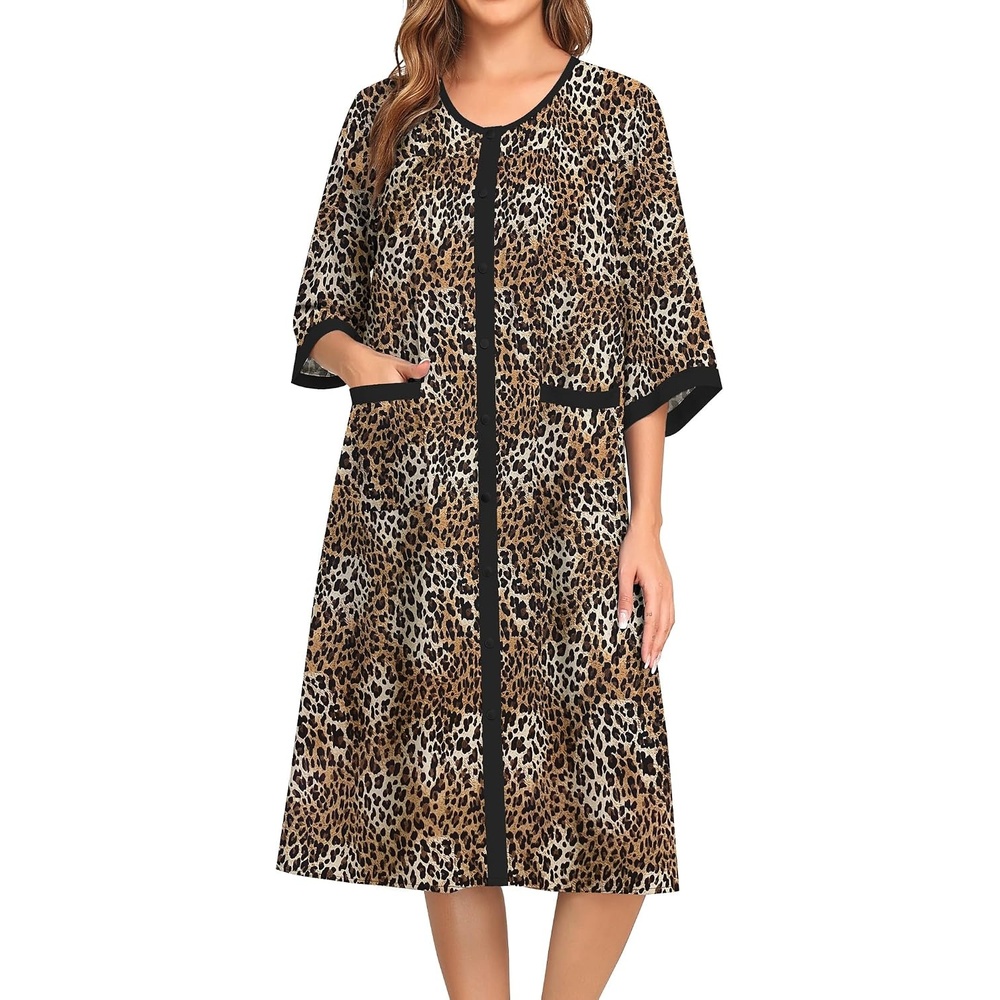 image:imageSWOMOG House Dress for Women Snap Front Dusters for Women with Pockets 34 Sleeve Cotton Nightgown SXXXLBlack Leopard