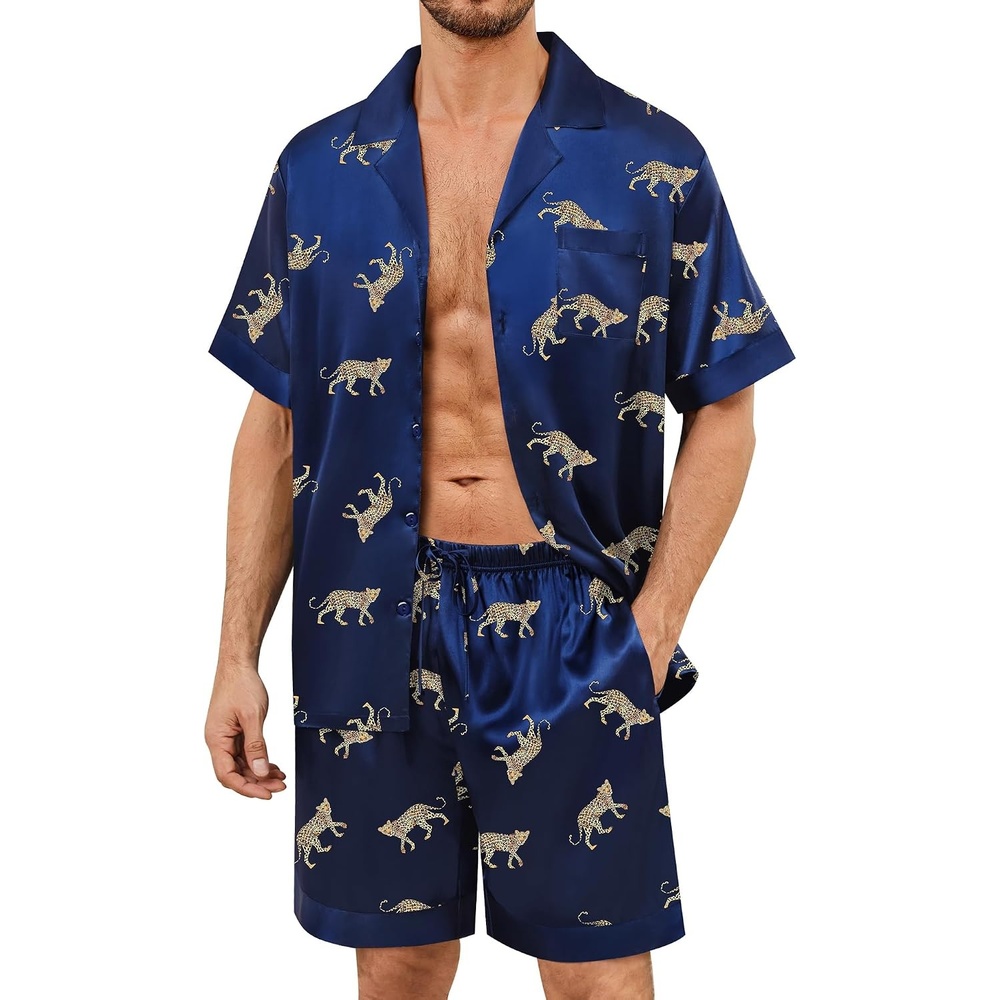 image:imageSWOMOG Mens Satin Pajamas Set Silk Pj Sets Short Sleeve Button Down 2 PCS Sleepwear with Drawstring amp Pockets S3XLNavy Blue Leopard