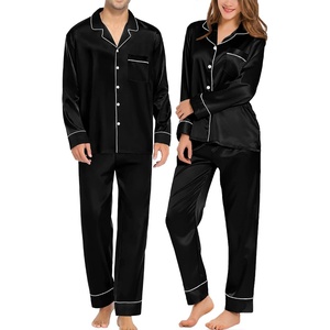 SWOMOG Family Matching Pajama Set Silk Satin Button Down Sleepwear Women/Men/Kids Long Sleeve 2 Pcs Pj Set(Black)