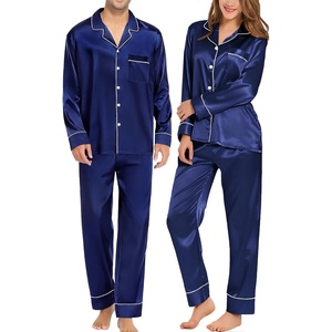 SWOMOG Family Matching Pajama Set Silk Satin Button Down Sleepwear Women/Men/Kids Long Sleeve 2 Pcs Pj Set(Navy Blue)