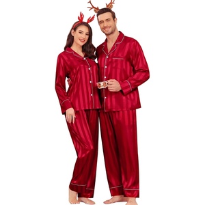 SWOMOG Family Matching Pajama Set Silk Satin Button Down Sleepwear Women/Men/Kids Long Sleeve 2 Pcs Pj Set(Red Stripe)