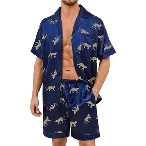 SWOMOG Mens Satin Pajamas Set Silk Pj Sets Short Sleeve Button Down 2 PCS Sleepwear with Drawstring & Pockets S-3XL(Navy Blue Leopard)