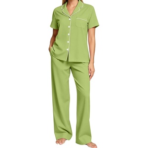 SWOMOG Women Pajama Sets Two-Piece Nightwear Short Sleeve Sleepwear Button Down Pj Lounge Sets with Long Pants(Grass Green)