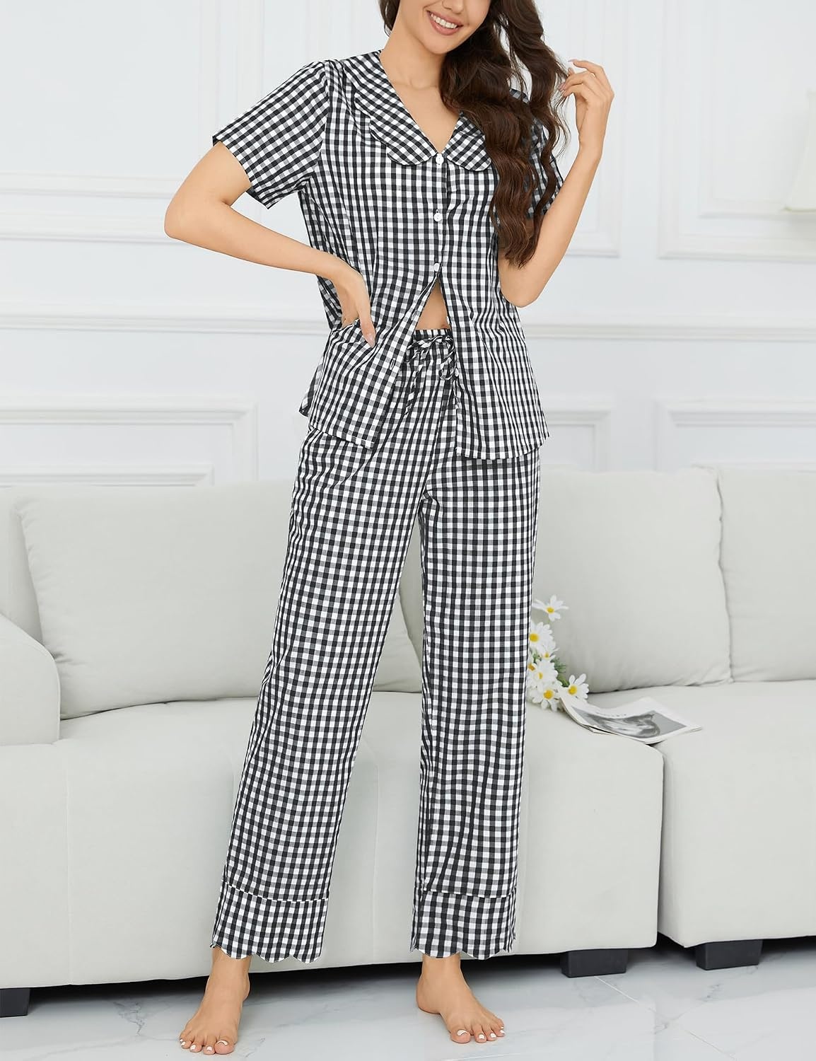 image:imageSWOMOG 100 Cotton Women Pajamas Set 2 Piece Short Sleeve Sleepwear Gingham Button Down Lounge Set Soft Ruffle PjsBlack White Plaid