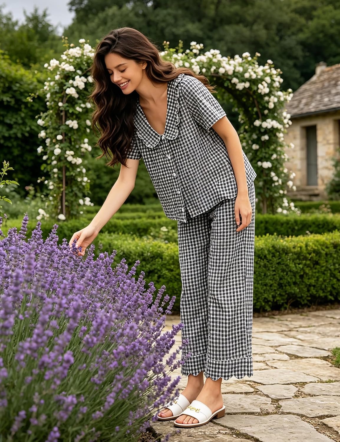 image:imageSWOMOG 100 Cotton Women Pajamas Set 2 Piece Short Sleeve Sleepwear Gingham Button Down Lounge Set Soft Ruffle PjsBlack White Plaid