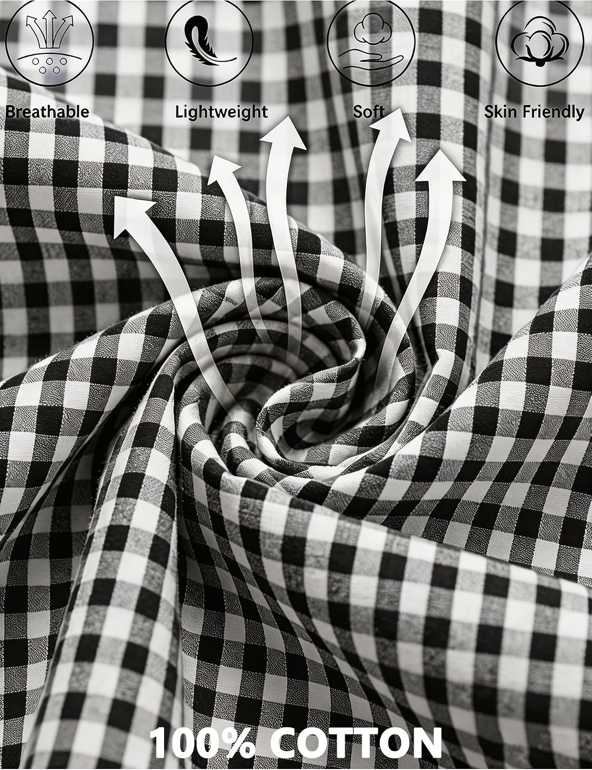 image:imageSWOMOG 100 Cotton Women Pajamas Set 2 Piece Short Sleeve Sleepwear Gingham Button Down Lounge Set Soft Ruffle PjsBlack White Plaid