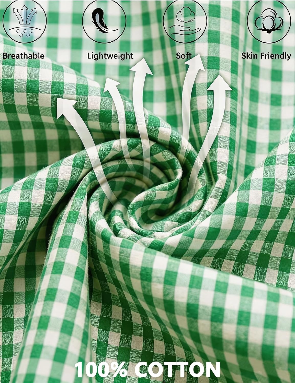 image:imageSWOMOG 100 Cotton Women Pajamas Set 2 Piece Short Sleeve Sleepwear Gingham Button Down Lounge Set Soft Ruffle PjsGreen Plaid