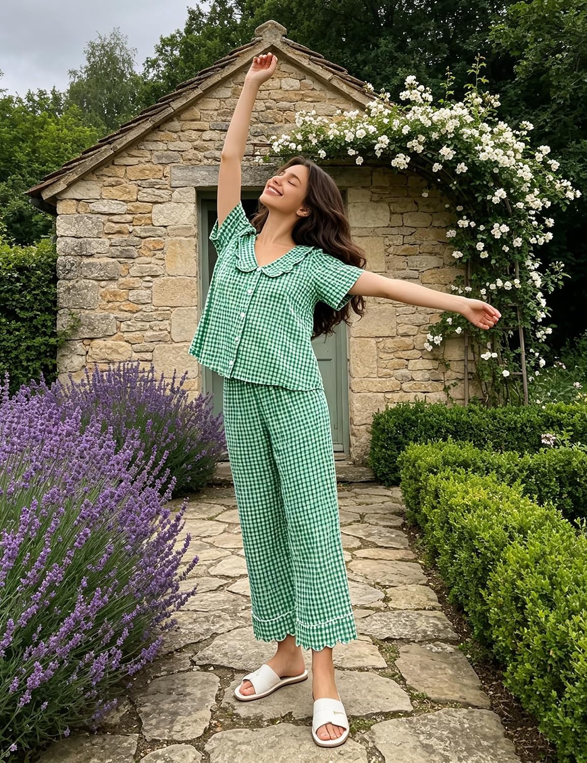 image:imageSWOMOG 100 Cotton Women Pajamas Set 2 Piece Short Sleeve Sleepwear Gingham Button Down Lounge Set Soft Ruffle PjsGreen Plaid