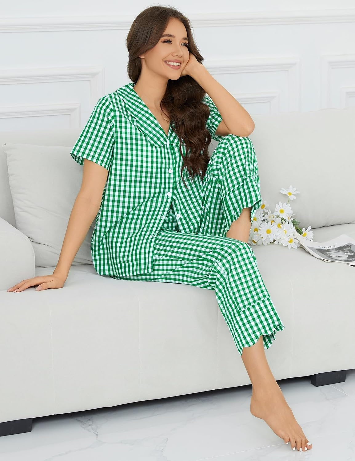 image:imageSWOMOG 100 Cotton Women Pajamas Set 2 Piece Short Sleeve Sleepwear Gingham Button Down Lounge Set Soft Ruffle PjsGreen Plaid