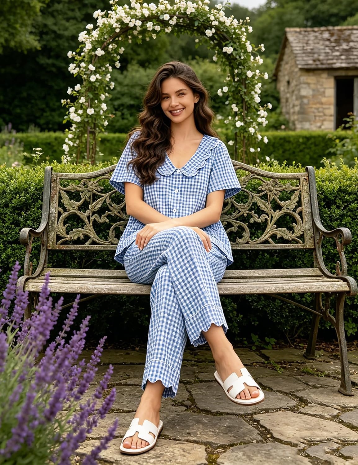 image:imageSWOMOG 100 Cotton Women Pajamas Set 2 Piece Short Sleeve Sleepwear Gingham Button Down Lounge Set Soft Ruffle PjsLight Blue White Plaid