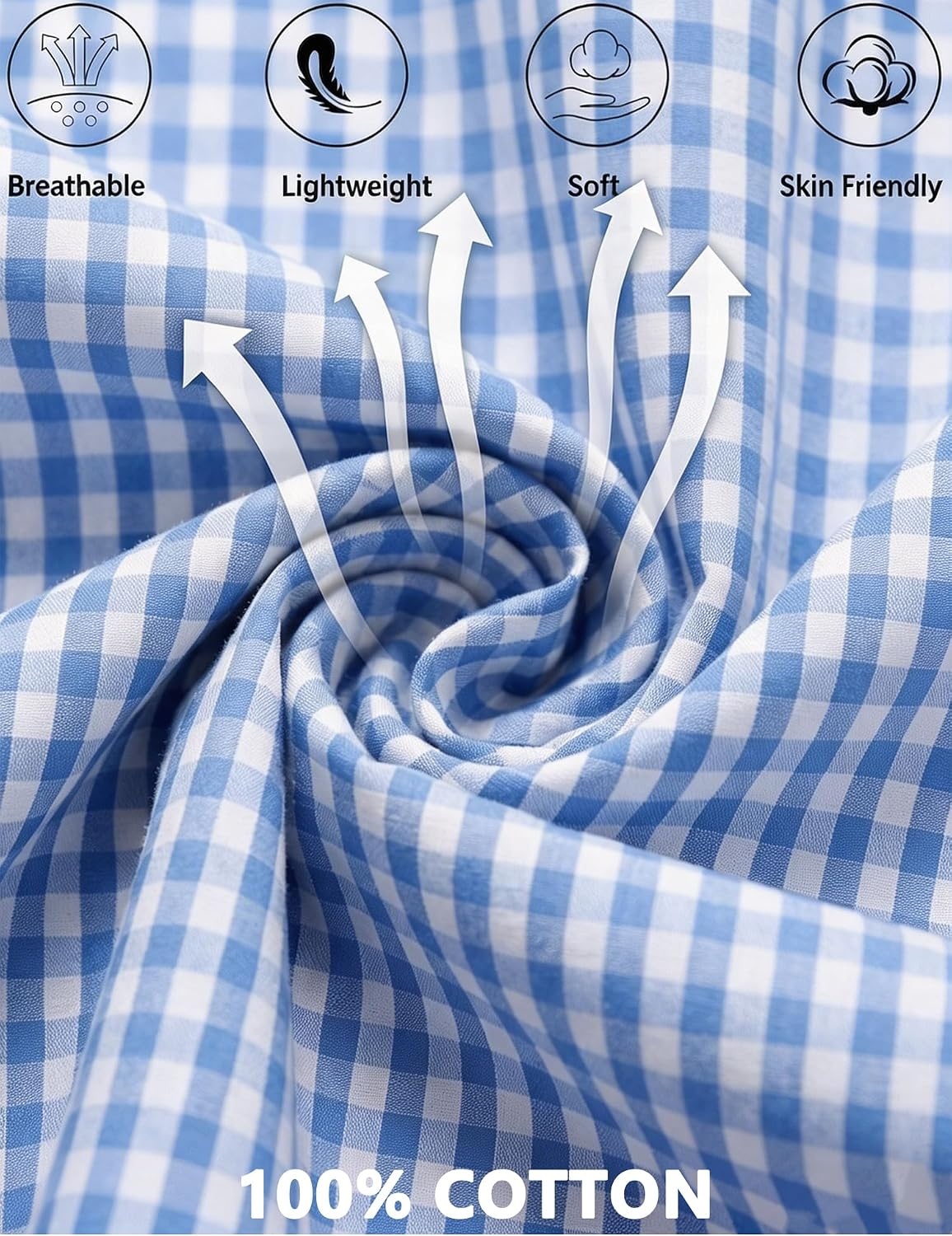 image:imageSWOMOG 100 Cotton Women Pajamas Set 2 Piece Short Sleeve Sleepwear Gingham Button Down Lounge Set Soft Ruffle PjsLight Blue White Plaid