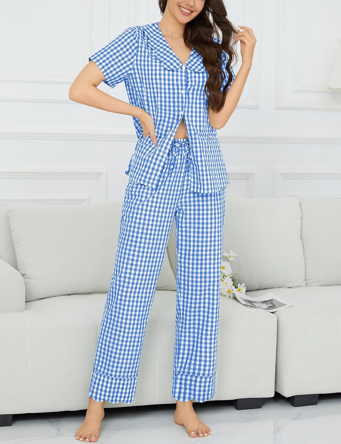 image:imageSWOMOG 100 Cotton Women Pajamas Set 2 Piece Short Sleeve Sleepwear Gingham Button Down Lounge Set Soft Ruffle PjsLight Blue White Plaid