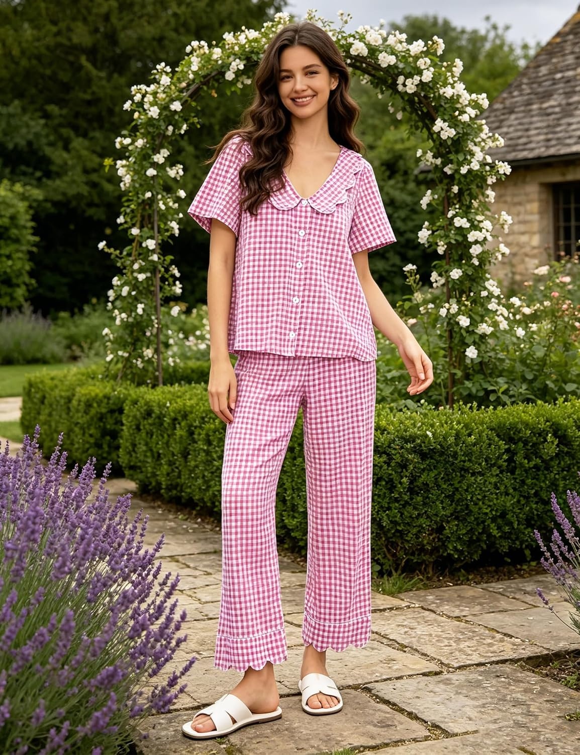 image:imageSWOMOG 100 Cotton Women Pajamas Set 2 Piece Short Sleeve Sleepwear Gingham Button Down Lounge Set Soft Ruffle PjsPink Plaid