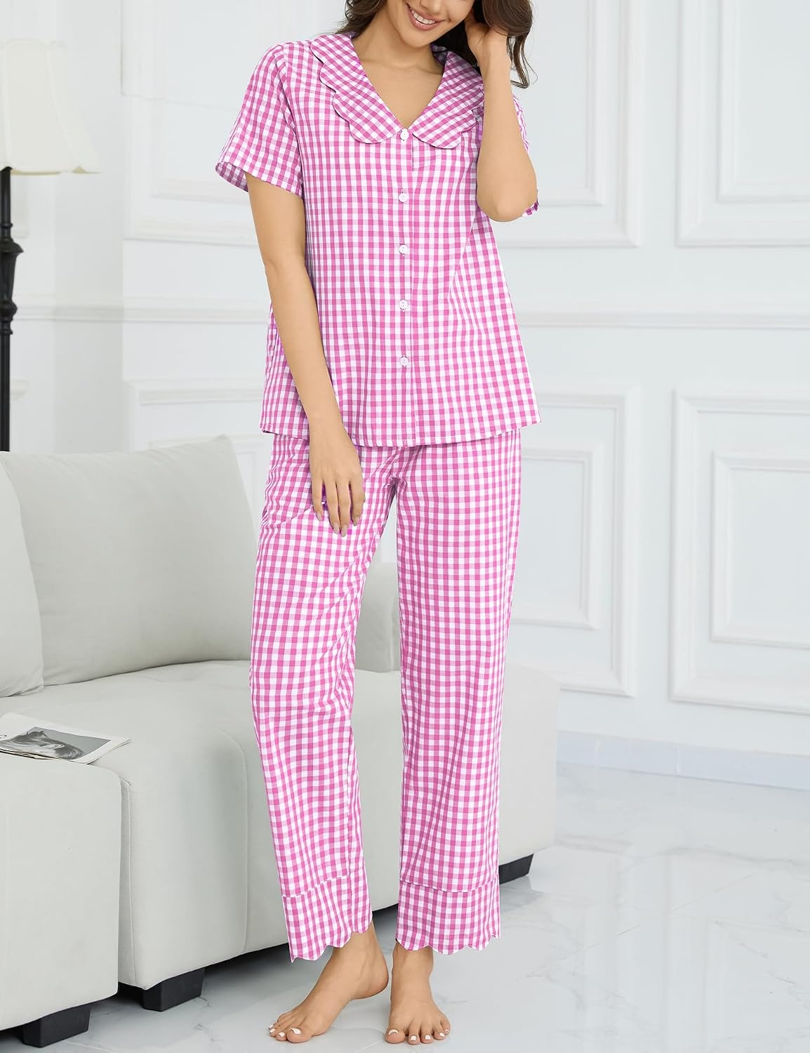 image:imageSWOMOG 100 Cotton Women Pajamas Set 2 Piece Short Sleeve Sleepwear Gingham Button Down Lounge Set Soft Ruffle PjsPink Plaid