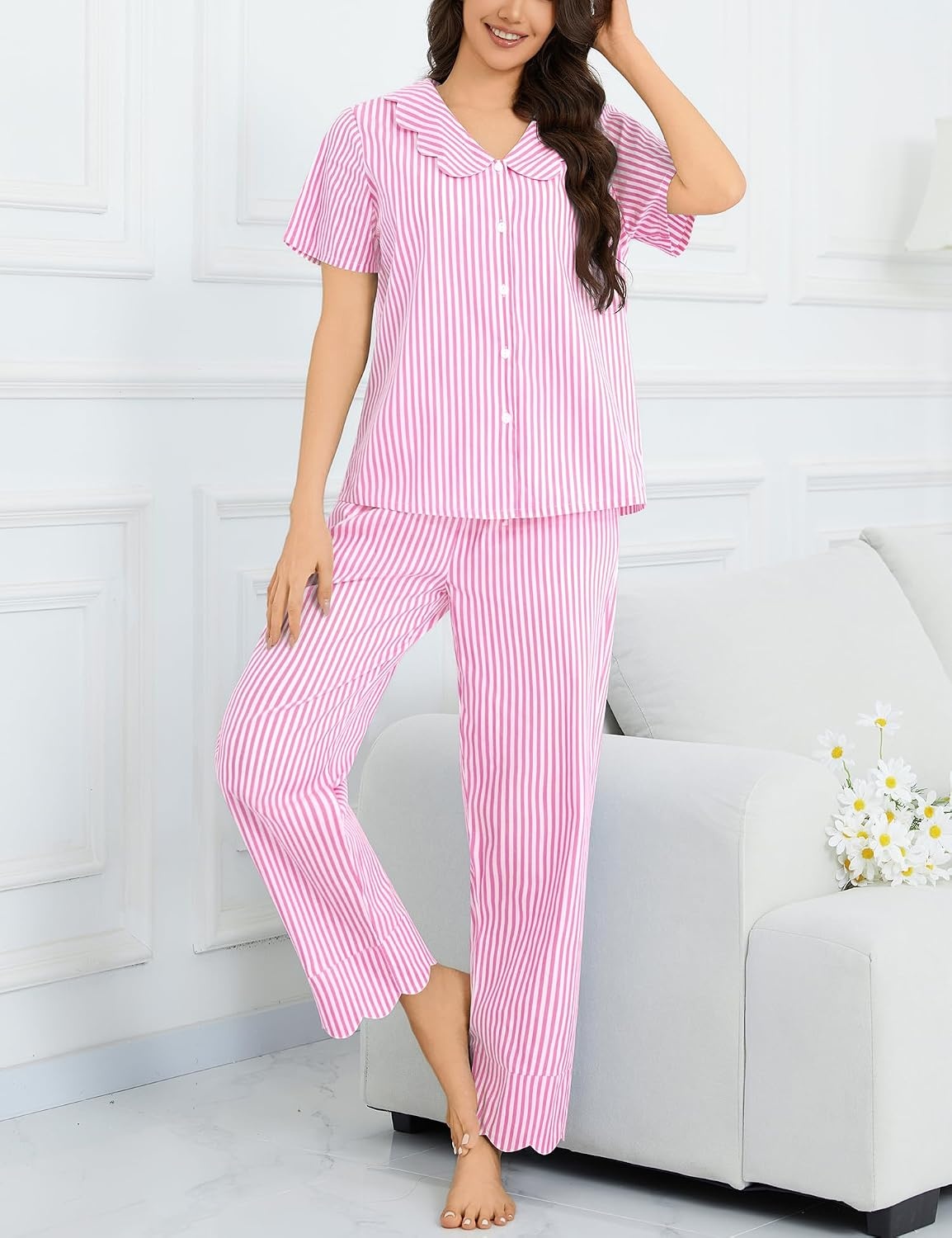 image:imageSWOMOG 100 Cotton Women Pajamas Set 2 Piece Short Sleeve Sleepwear Gingham Button Down Lounge Set Soft Ruffle PjsPink Striped