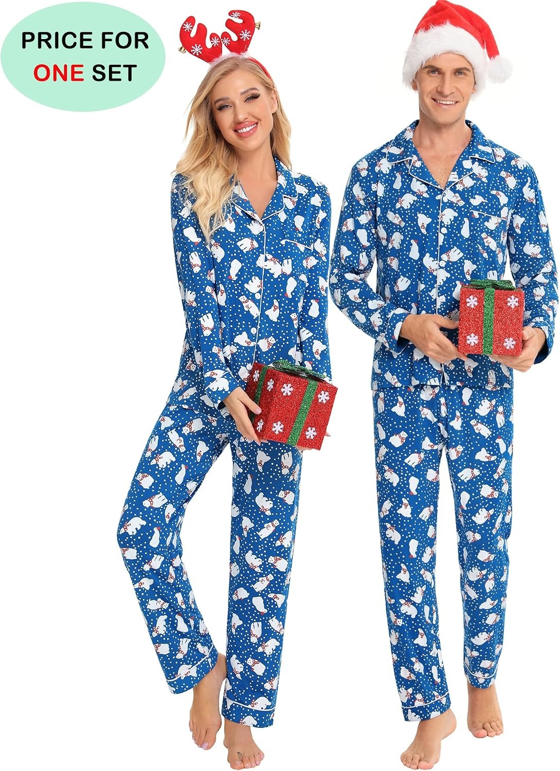image:imageSWOMOG Family Christmas Pajamas Set Women amp Men Long Sleeve Sleepwear Sets Party Holiday Pj ButtonDown Loungewear SetBlue With Polar Bear