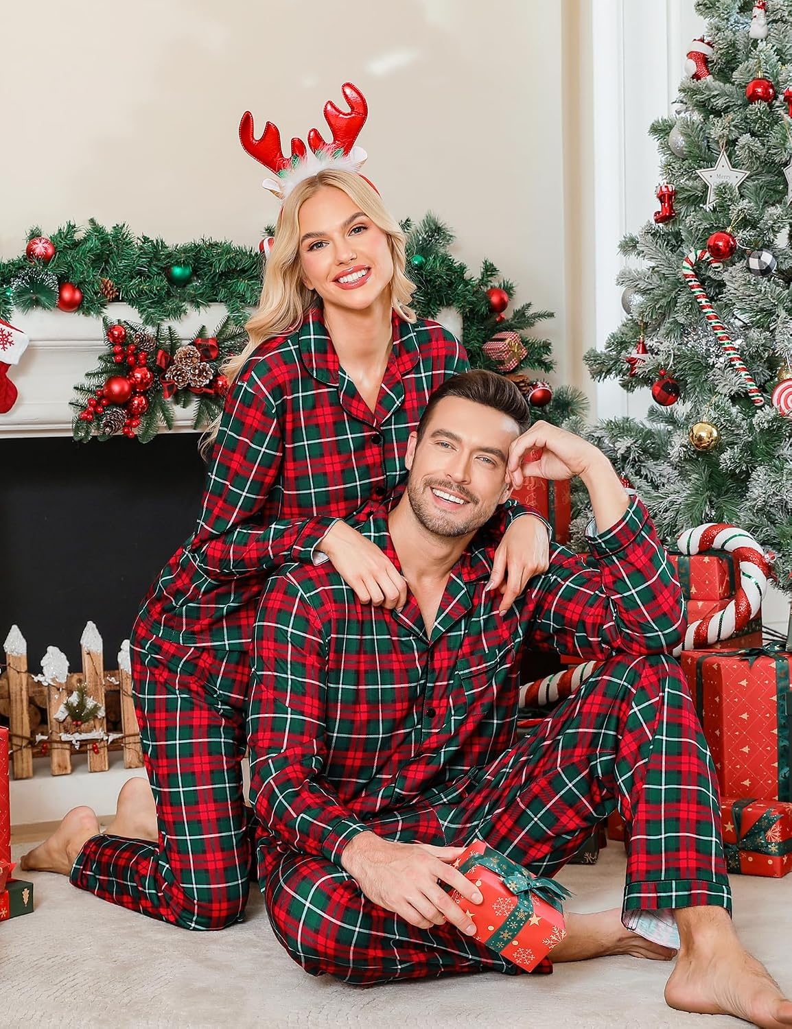 image:imageSWOMOG Family Christmas Pajamas Set Women amp Men Long Sleeve Sleepwear Sets Party Holiday Pj ButtonDown Loungewear SetGreen Grid