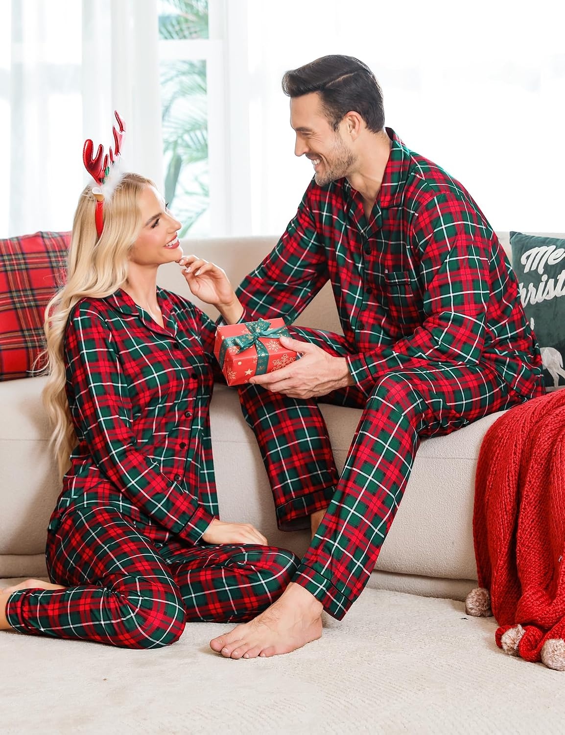 image:imageSWOMOG Family Christmas Pajamas Set Women amp Men Long Sleeve Sleepwear Sets Party Holiday Pj ButtonDown Loungewear SetGreen Grid
