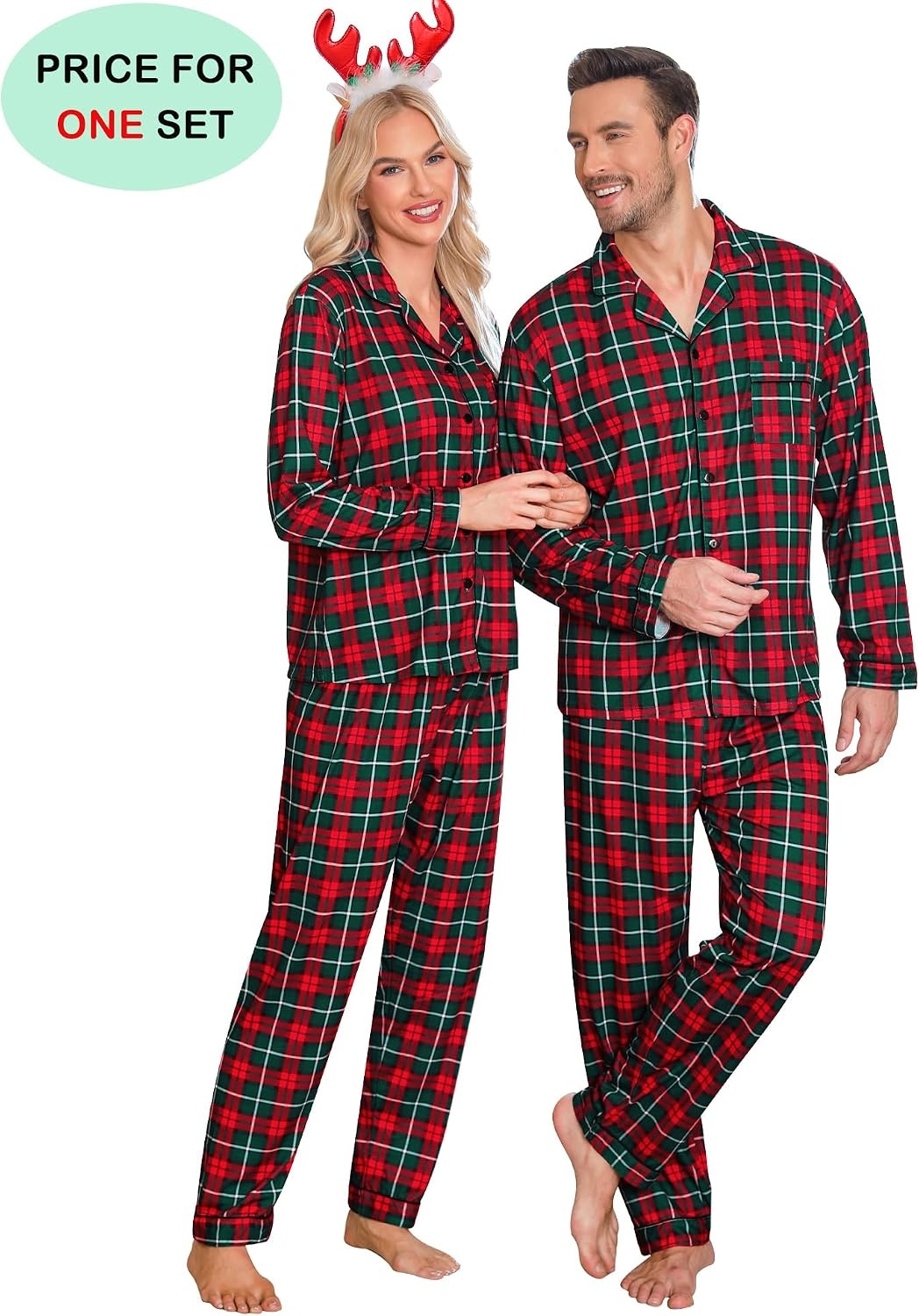 image:imageSWOMOG Family Christmas Pajamas Set Women amp Men Long Sleeve Sleepwear Sets Party Holiday Pj ButtonDown Loungewear SetGreen Grid