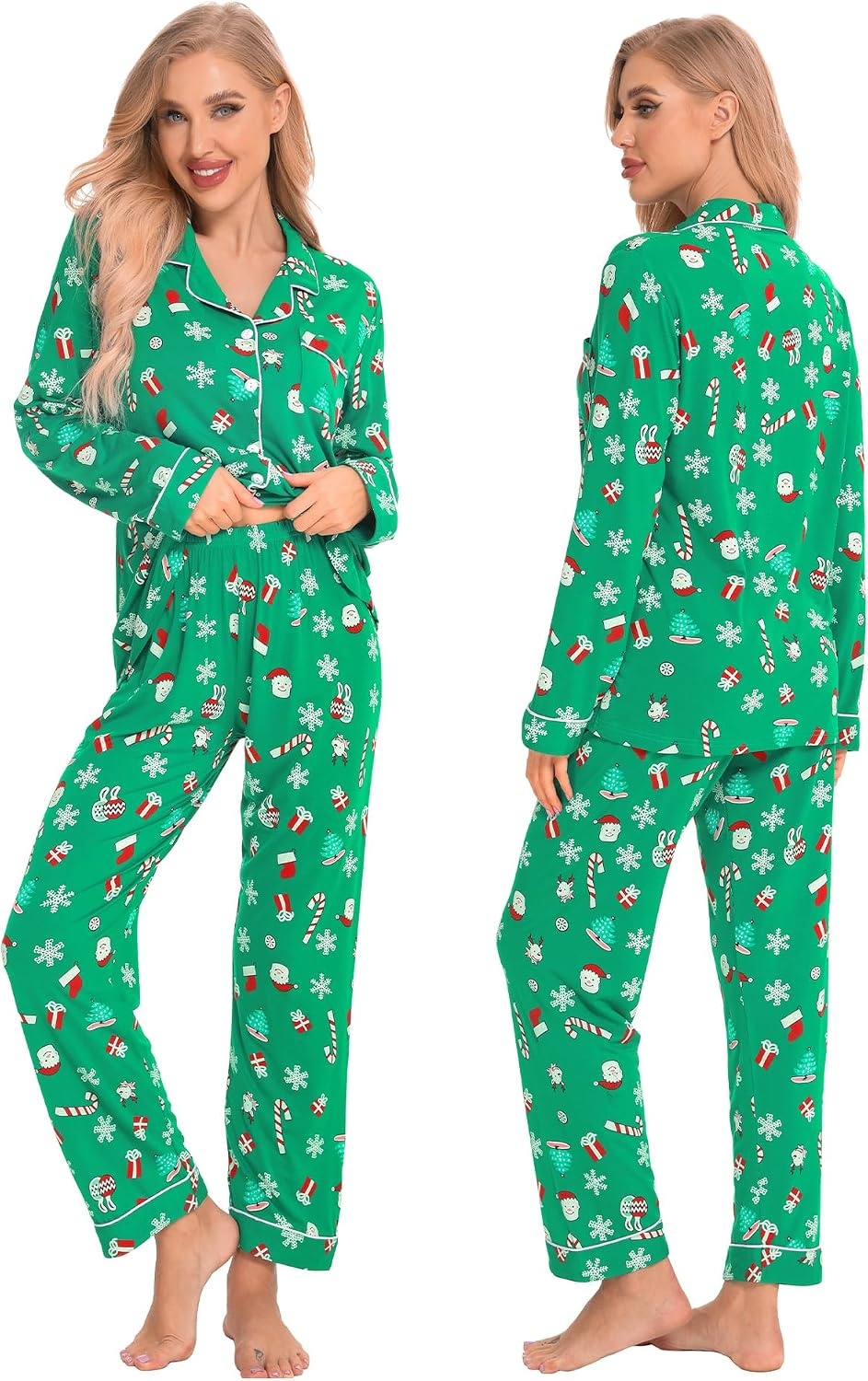 image:imageSWOMOG Family Christmas Pajamas Set Women amp Men Long Sleeve Sleepwear Sets Party Holiday Pj ButtonDown Loungewear SetGreen With Santa Claus