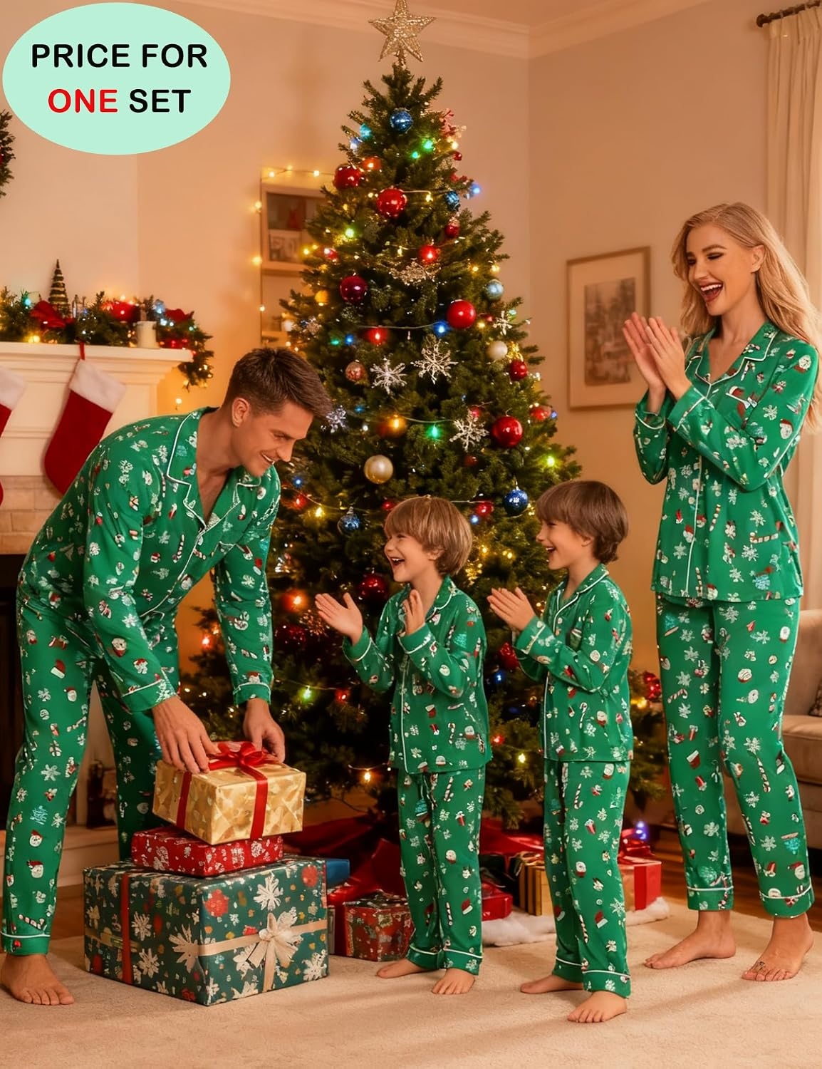 image:imageSWOMOG Family Christmas Pajamas Set Women amp Men Long Sleeve Sleepwear Sets Party Holiday Pj ButtonDown Loungewear SetGreen With Santa Claus