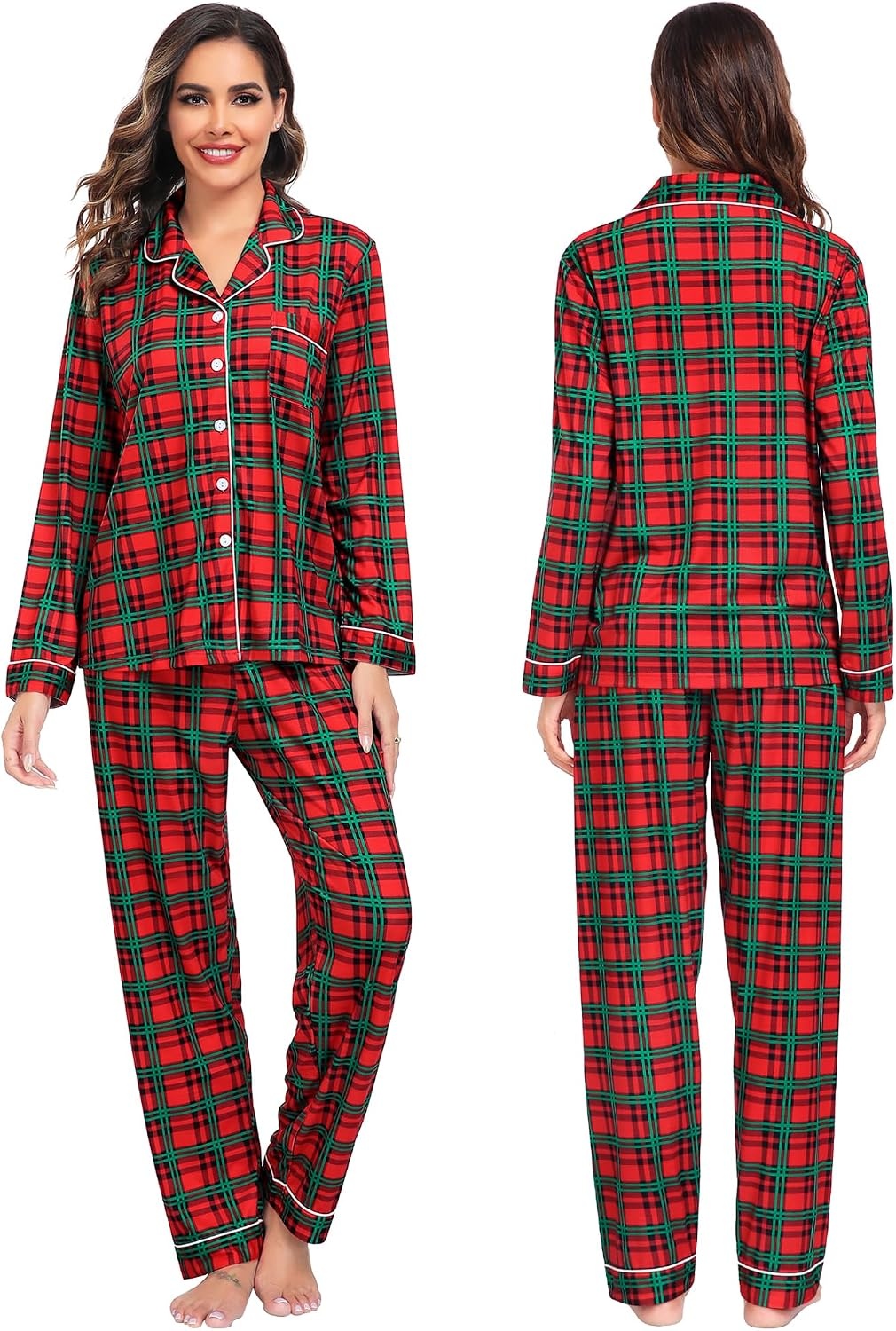 image:imageSWOMOG Family Christmas Pajamas Set Women amp Men Long Sleeve Sleepwear Sets Party Holiday Pj ButtonDown Loungewear SetRed Green Grid